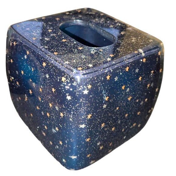 Other - Vintage 90's Celestial Resin Encased Tissue Box Dispenser Dark Blue Gold Stars